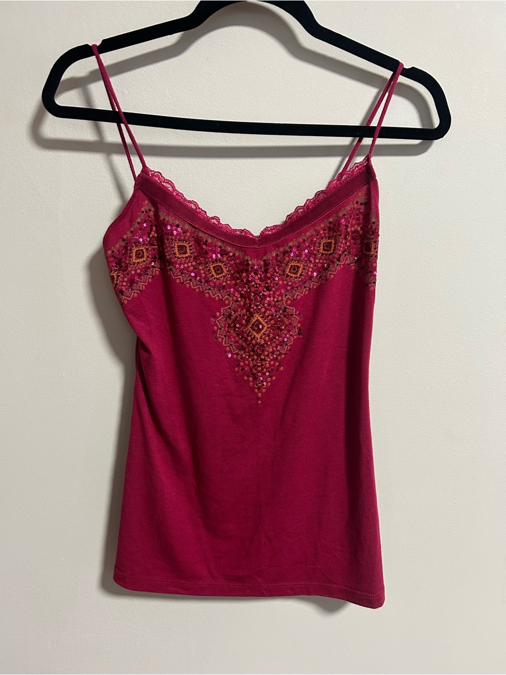 Womens Lace-Trim Beaded Cami Tank Top - Fuchsia